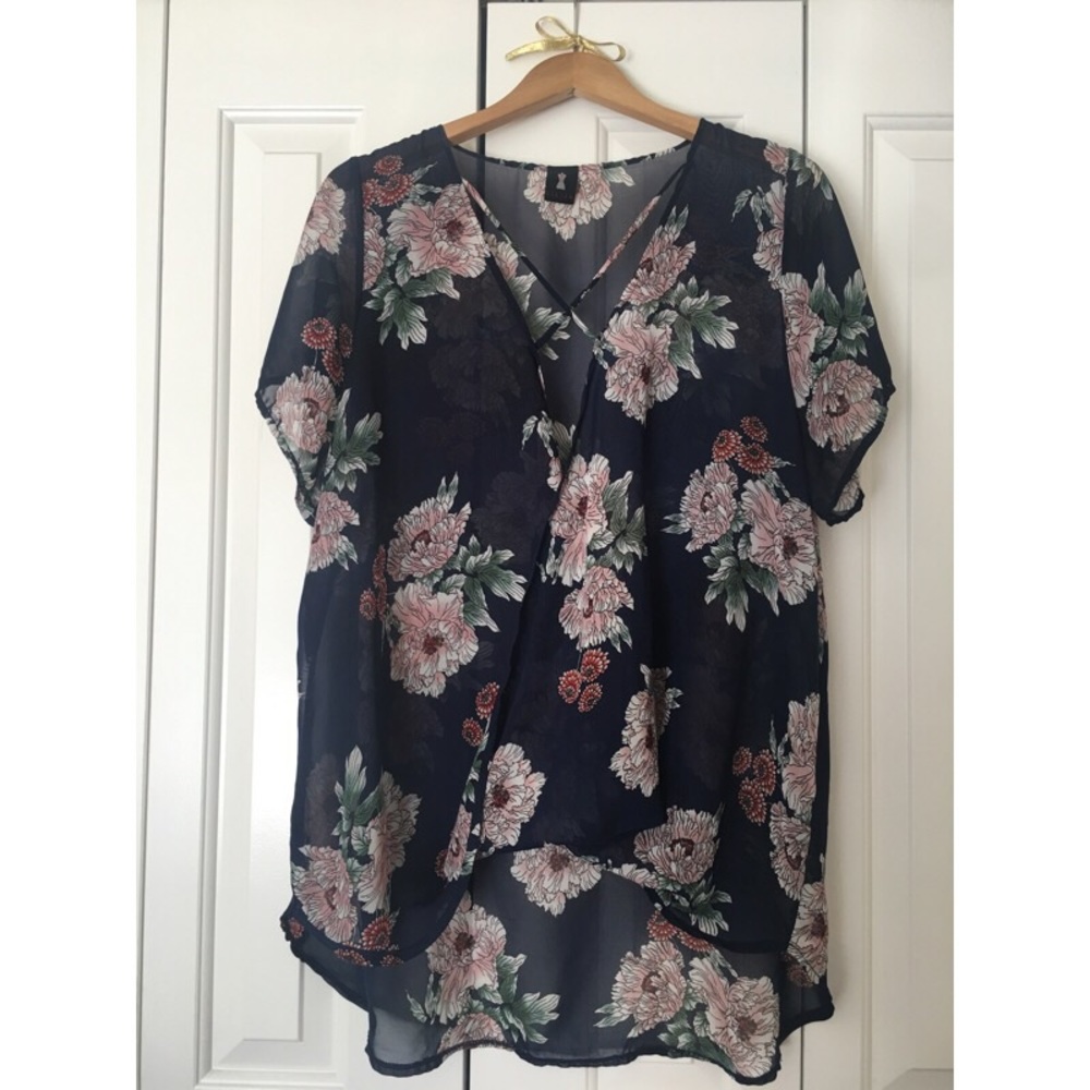 Sheer floral top with crisscross detail